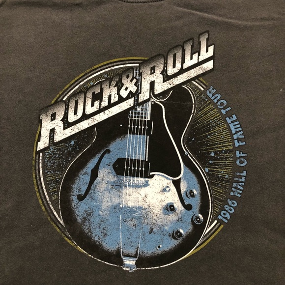Rock & Roll 1986 Hall Of Fame Tour Blue Guitar Charcoal Gray Shirt Mens size L - Picture 2 of 5